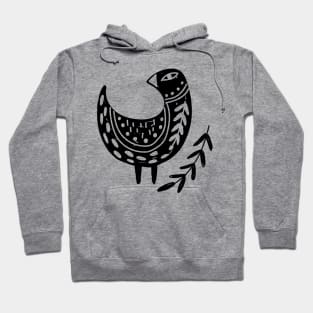 Folk Art Bird with Branch of Leaves in Black Hoodie